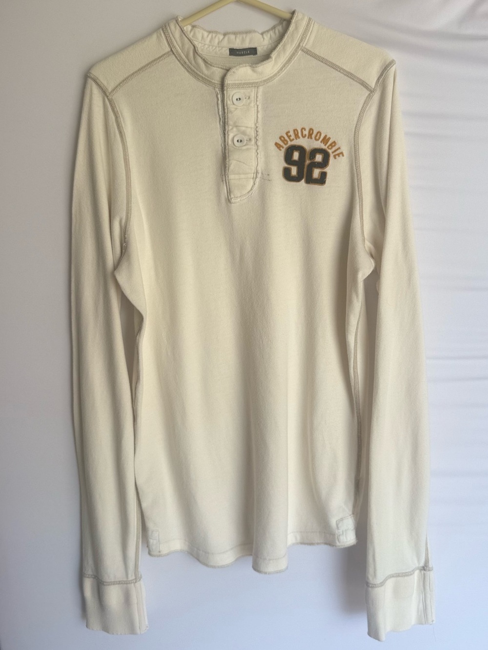 Abercrombie & Fitch Cream Long-Sleeve Muscle Henley with '92 Chest Logo